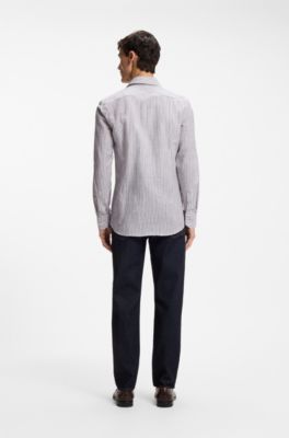 Slim-fit shirt in striped linen and cotton, Dark Brown