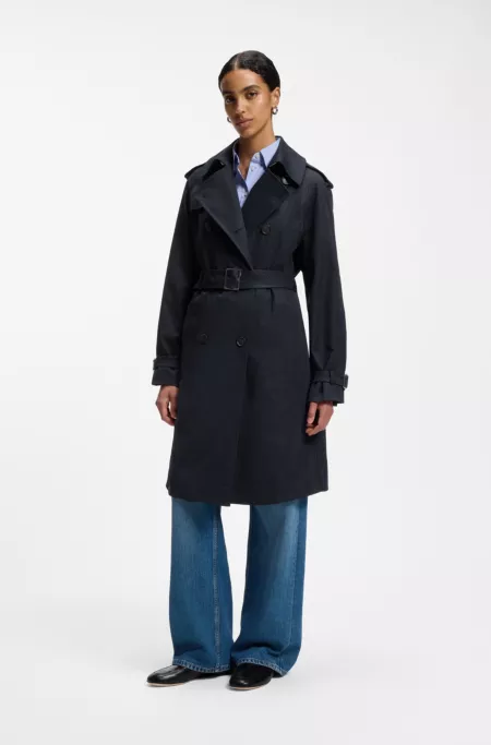 Water-repellent trench coat with buckled belt