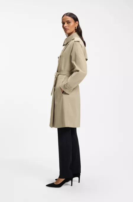 Water-repellent trench coat with buckled belt