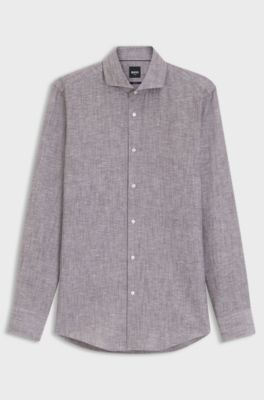 Slim-fit shirt in linen and cotton, Dark Brown
