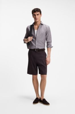 Slim-fit shirt in linen and cotton, Dark Brown