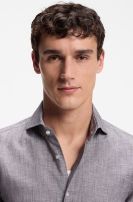 Slim-fit shirt in linen and cotton, Dark Brown