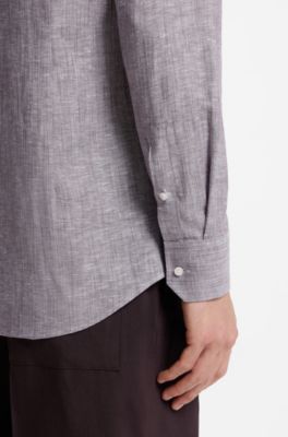 Slim-fit shirt in linen and cotton, Dark Brown