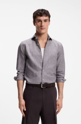 Slim-fit shirt in linen and cotton, Dark Brown