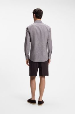 Slim-fit shirt in linen and cotton, Dark Brown