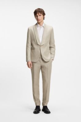 Fato de ajuste slim em sarja de linho, Beige