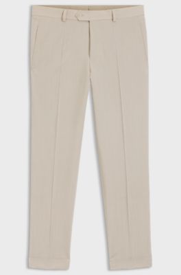 Tapered-fit trousers in wool-blend seersucker fabric, Beige
