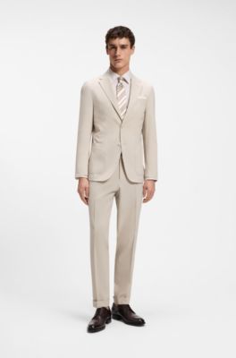 Tapered-fit trousers in wool-blend seersucker fabric, Beige