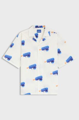 Camisa relaxed fit con logo estampado, Blanco estampado