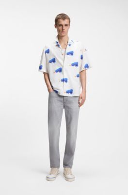 Camisa relaxed fit con logo estampado, Blanco estampado