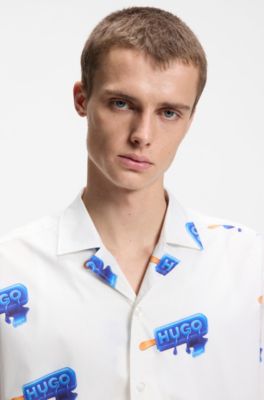 Chemise coupe d&eacute;contract&eacute;e &agrave; logo imprim&eacute;, Blanc &agrave; motif