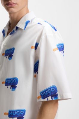 Relaxed fit skjorte med logoprint, Hvid m&oslash;nstret