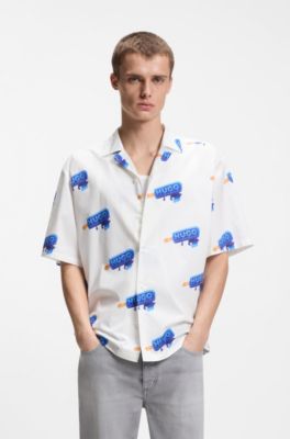 Camicia relaxed fit con logo stampato, Bianco a motivi