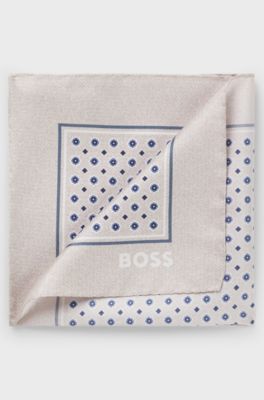 BOSS ONE Silk pocket square with digital print and logo, Light Beige