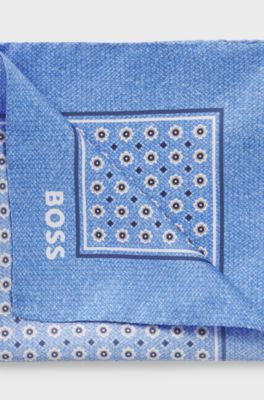 BOSS ONE Silk pocket square with digital print and logo, Blue