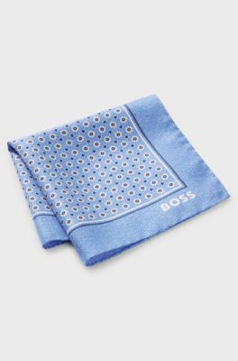 BOSS ONE Silk pocket square with digital print and logo, Blue
