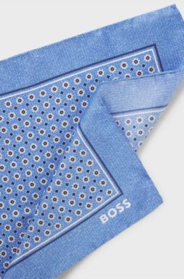 BOSS ONE Silk pocket square with digital print and logo, Blue