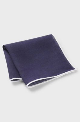 BOSS ONE Linen pocket square with contrast border, Dark Blue