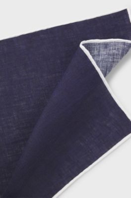 BOSS ONE Linen pocket square with contrast border, Dark Blue