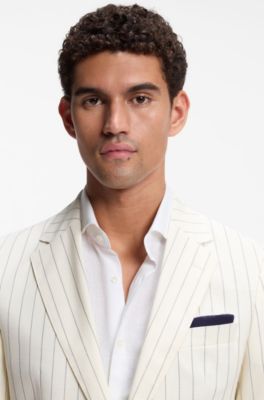 BOSS ONE Linen pocket square with contrast border, Dark Blue