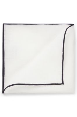 Linen pocket square with contrast border, Dark Blue