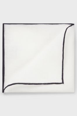 Linen pocket square with contrast border, Dark Blue
