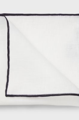 BOSS ONE Linen pocket square with contrast border, Dark Blue