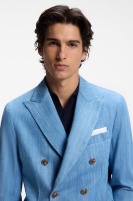 BOSS ONE Linen pocket square with contrast border, Dark Blue