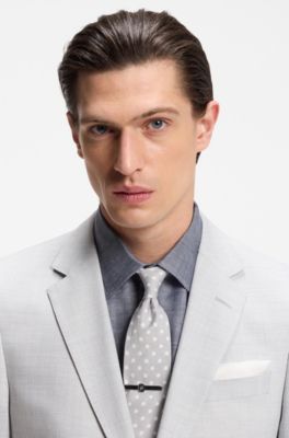 Cravate en soie et lin &agrave; motif pois jacquard, Gris &agrave; motif