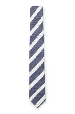 Diagonal-stripe tie in linen-silk jacquard, Blue stripes