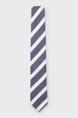 Diagonal-stripe tie in linen-silk jacquard, Blue stripes