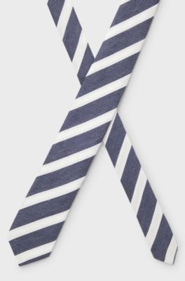 Diagonal-stripe tie in linen-silk jacquard, Blue stripes