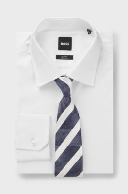 Cravatta in lino-seta jacquard con righe diagonali, Righe blu