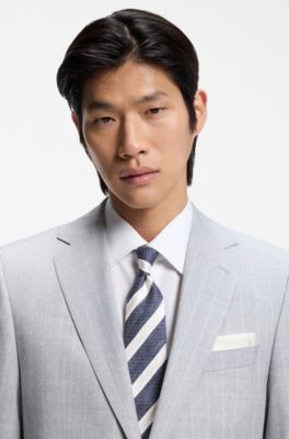 Diagonal-stripe tie in linen-silk jacquard, Blue stripes