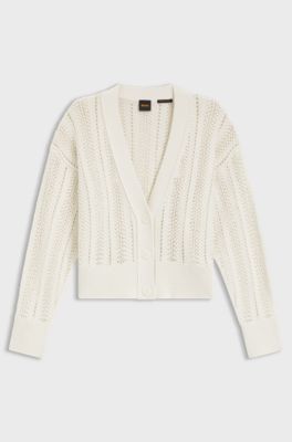 Relaxed-fit cardigan in a wave-structured cotton blend, Natural