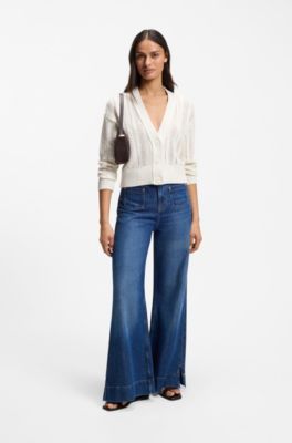 Relaxed-fit cardigan in a wave-structured cotton blend, Natural