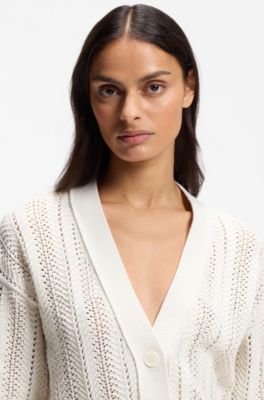 Relaxed-fit cardigan in a wave-structured cotton blend, Natural
