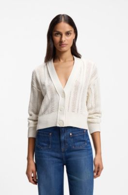 Relaxed-fit cardigan in a wave-structured cotton blend, Natural