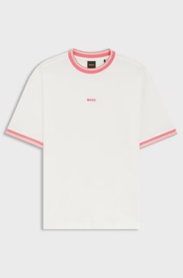 T-shirt coupe d&eacute;contract&eacute;e en coton avec des bordures &agrave; rayures, Blanc