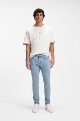 T-shirt coupe d&eacute;contract&eacute;e en coton avec des bordures &agrave; rayures, Blanc