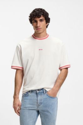 T-shirt coupe d&eacute;contract&eacute;e en coton avec des bordures &agrave; rayures, Blanc