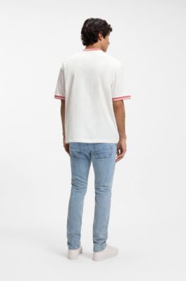 T-shirt coupe d&eacute;contract&eacute;e en coton avec des bordures &agrave; rayures, Blanc