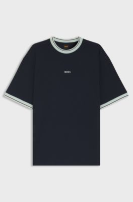 Relaxed-fit T-shirt in cotton with striped trims, Dark Blue