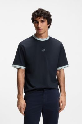 Relaxed-fit T-shirt in cotton with striped trims, Dark Blue