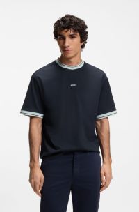 Relaxed-fit T-shirt in cotton with striped trims, Dark Blue