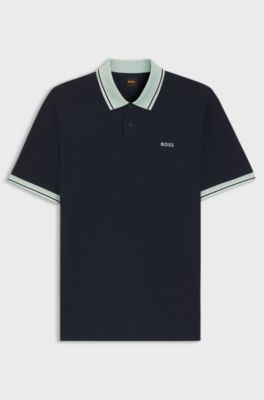 Cotton-jersey polo shirt with stripe trims, Dark Blue