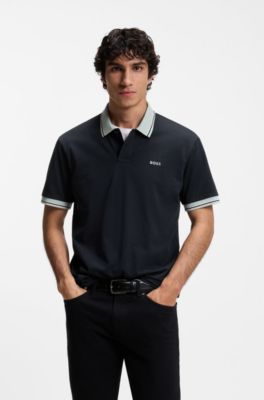 Cotton-jersey polo shirt with stripe trims, Dark Blue
