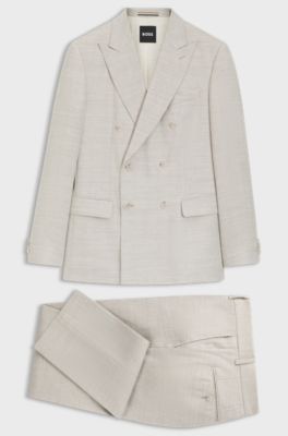 Two-piece slim-fit suit in striped linen and wool, Light Grey