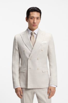 Two-piece slim-fit suit in striped linen and wool, Light Grey