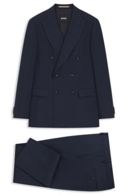 Two-piece slim-fit suit in striped linen and wool, Dark Blue